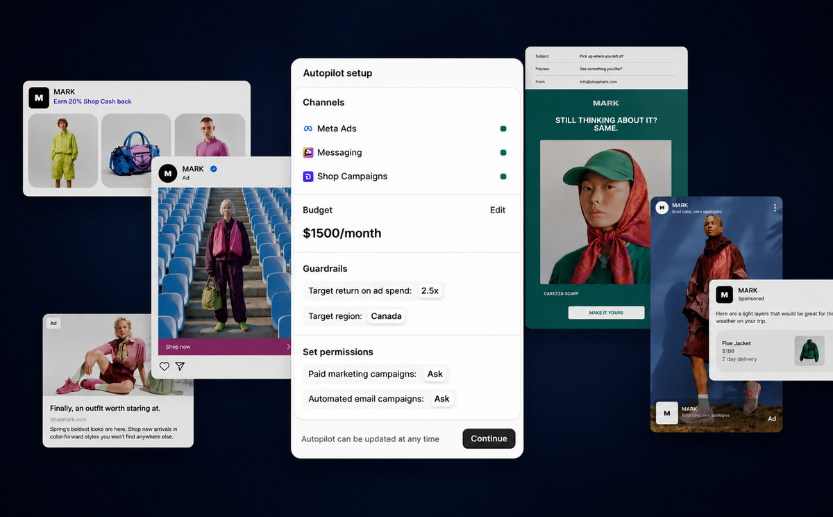 Shopify Campaign Autopilot setup showing AI marketing channels, budget, guardrails and ads