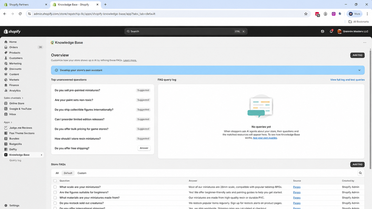 Shopify Knowledge Base app interface showing verified merchant answers for return policies, shipping information, and FAQs