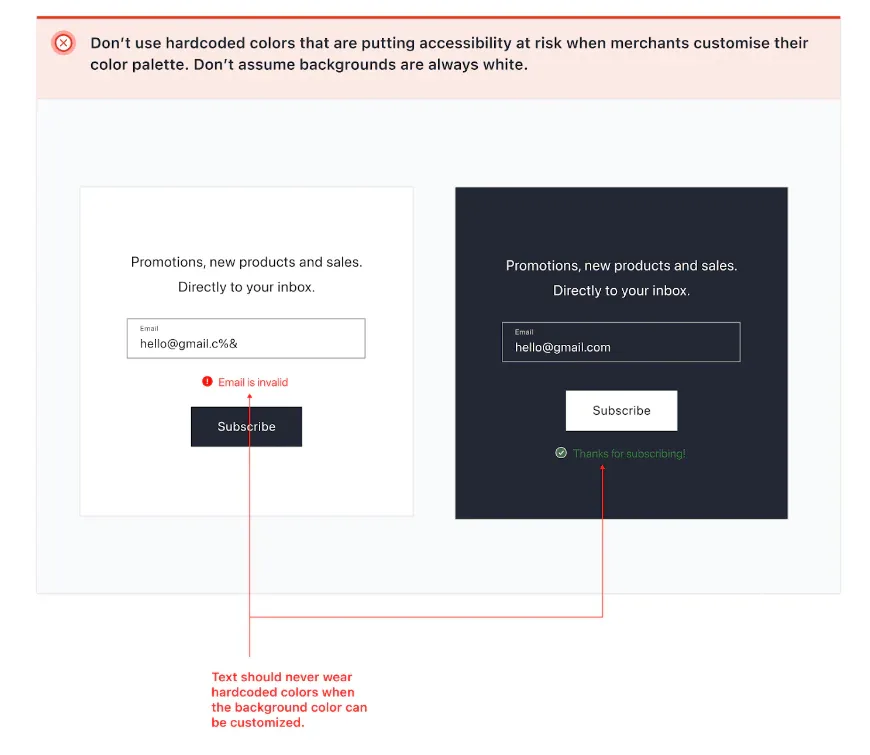 Diagram showing a single Shopify theme colour palette unifying brand colour across product pages, cart, checkout and custom sections