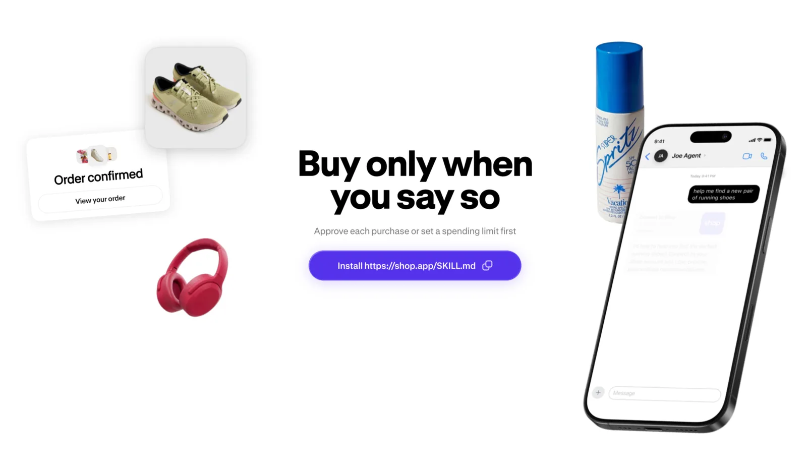 Diagram showing how a shopper connects a personal AI agent to their Shop account through Shop skill to search, checkout and reorder, with payment staying in Shop Pay