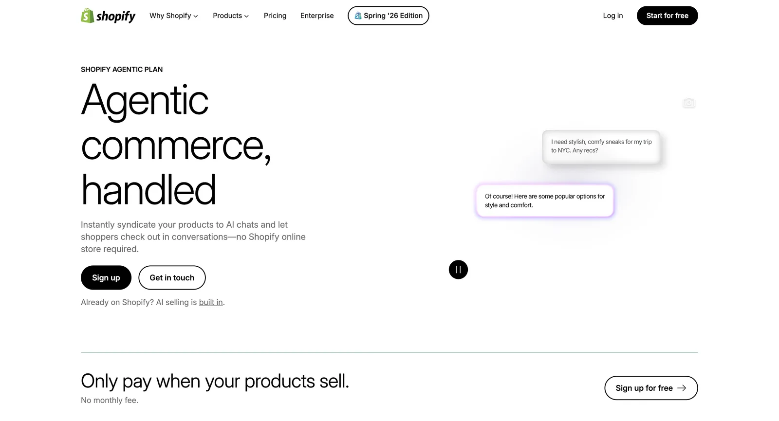 Diagram showing the Shopify Agentic Plan letting non Shopify brands syndicate to AI channels and process checkouts inside AI conversations