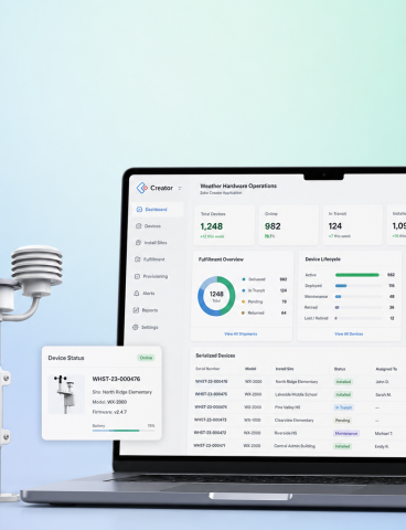 Zoho Creator hardware provisioning database pilot for a US environmental safety platform, integrated with HubSpot through an AWS webhook bridge