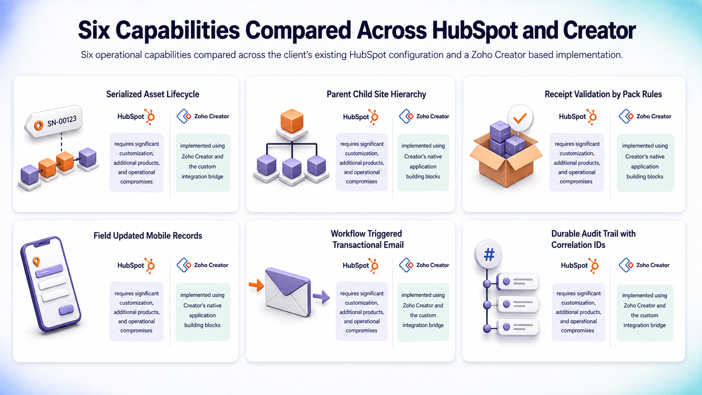 Six hardware operations capabilities compared across HubSpot and Zoho Creator