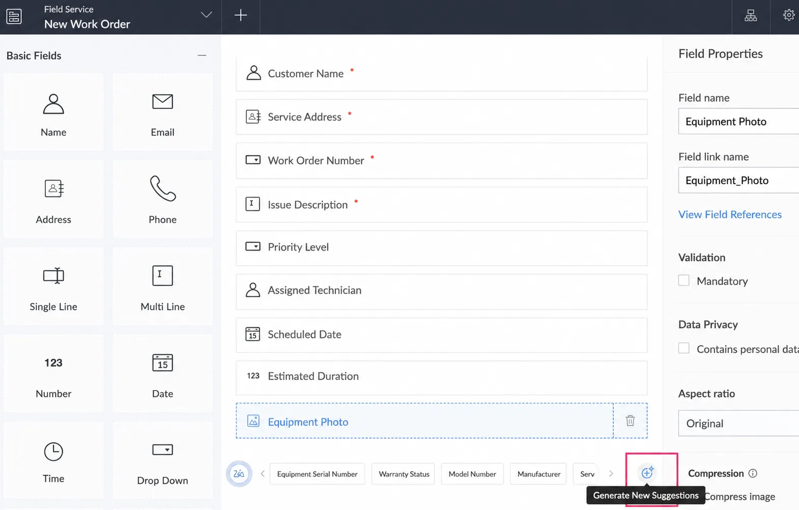 Next field suggestions in the Zoho Creator form builder, showing five contextual recommendations Zia surfaces as a field service dispatcher builds a work order form manually