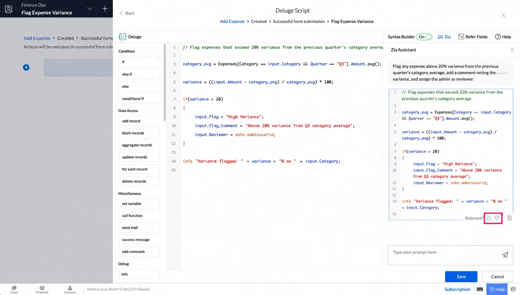 Deluge script generation in the Deluge editor, showing an expense variance flag requirement in plain language and the generated Deluge script that computes variance and adds a flag field
