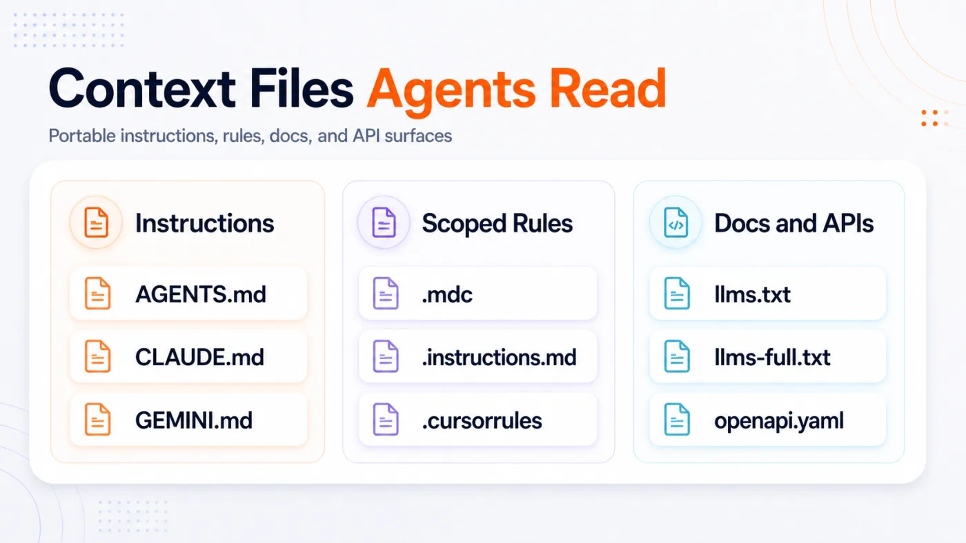Taxonomy of agent context files across instruction formats, scoped rule files, and documentation and API surfaces