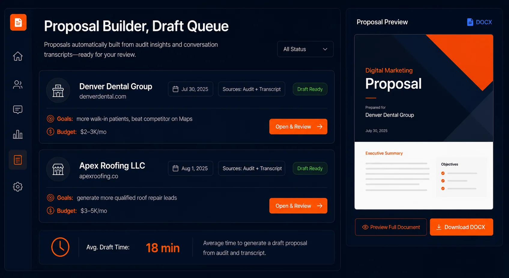 Agency proposal builder dashboard showing draft proposals generated from audit data and meeting transcripts with review buttons