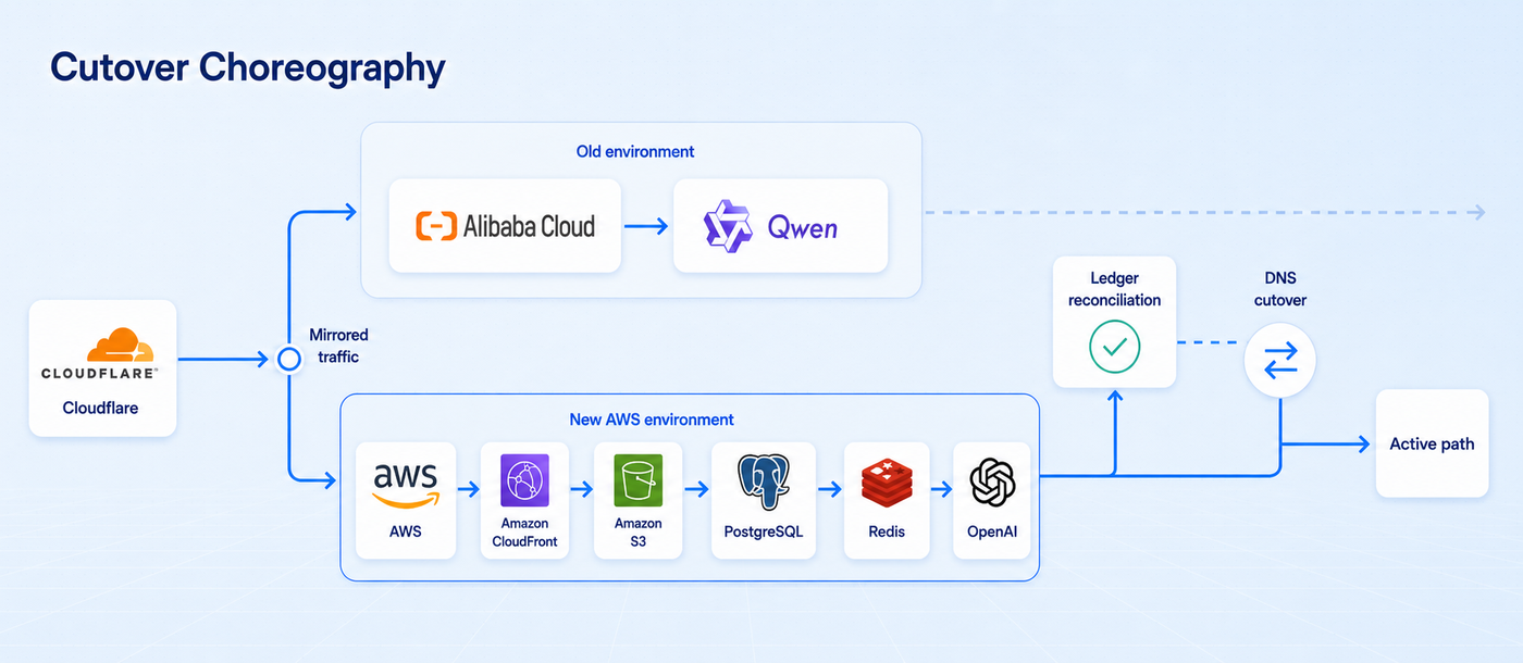 Cutover choreography with mirrored traffic, ledger reconciliation, and the final DNS swap