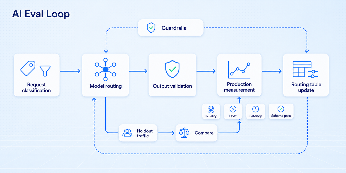 AI eval loop closing from request classification through routing, validation, and production measurement