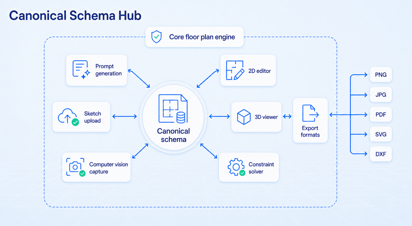 Canonical schema at the centre of prompt generation, uploads, capture, editing, solving, and 5 export formats