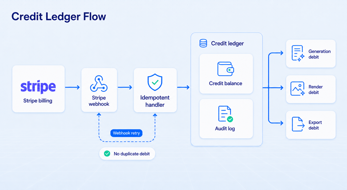 Credit ledger flow from Stripe through the ledger and audit log to generation, render, and export debits