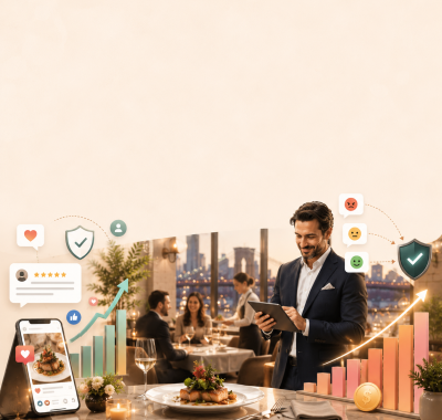 iPhone mockup showing a fine dining restaurant Instagram profile with recovered follower count and engagement trend after social media crisis management