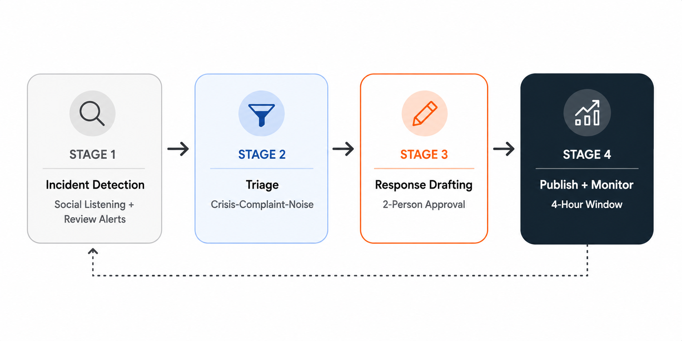 Four-stage crisis response process from detection through publication with continuous monitoring loop