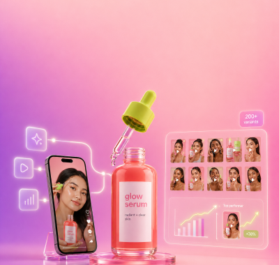GenZ focused DTC skincare product video ad playing on an iPhone mockup with coral gradient background