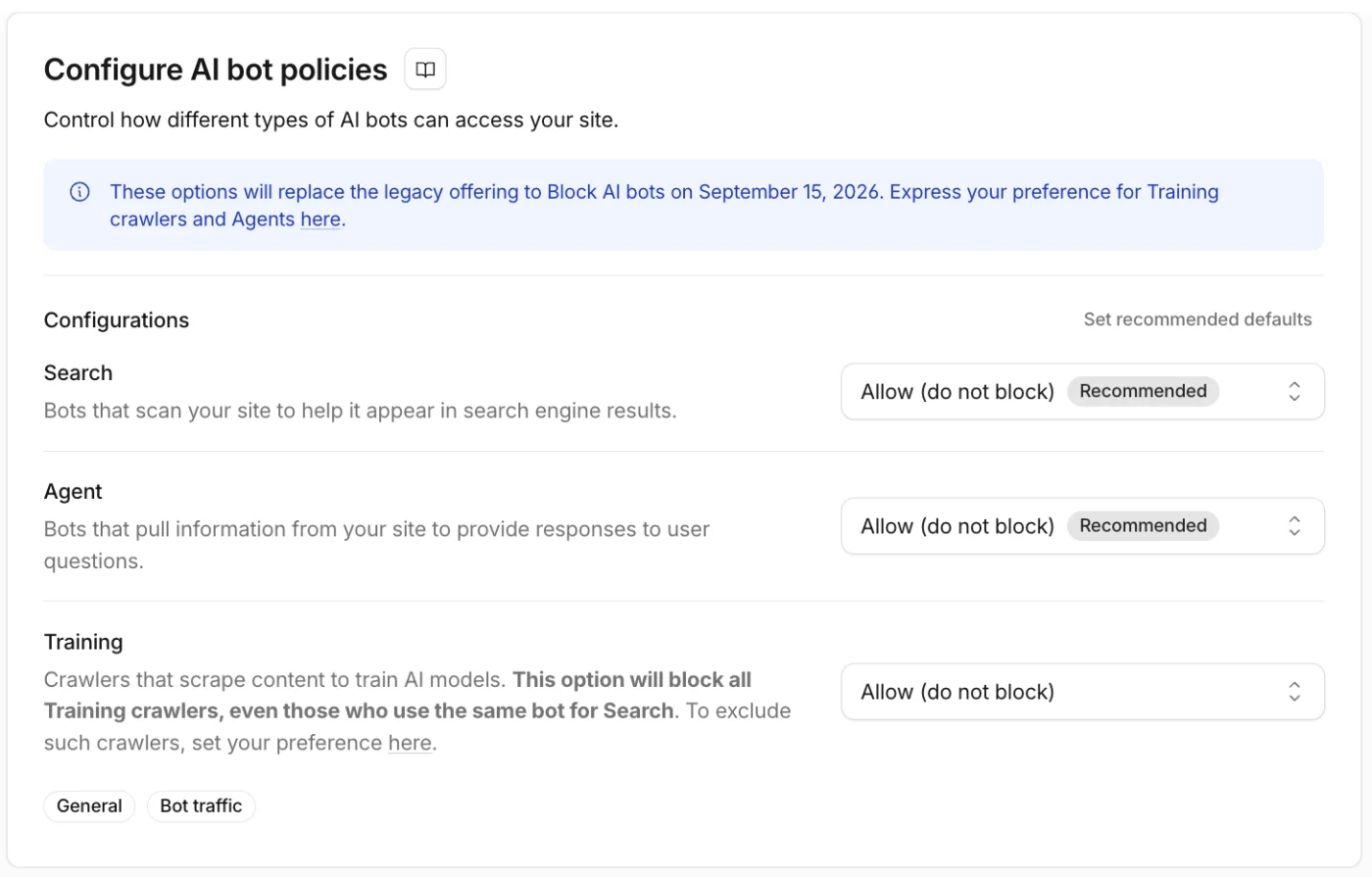 Screenshot from Cloudflare showing Configuration block where you configure AI bot policies for your website.