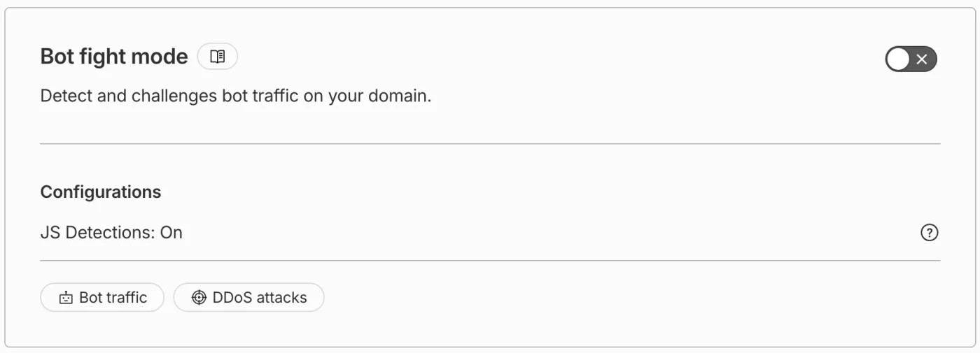 Screenshot from Cloudflare showing Bot Fight Mode toggle that is turned on to block bot traffic on the website.