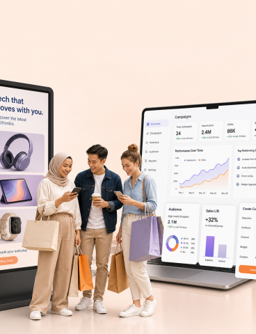 Retail media network stack rendered as an editorial concept image positioning the store estate as monetizable media inventory