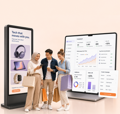 Retail media network stack rendered as an editorial concept image positioning the store estate as monetizable media inventory