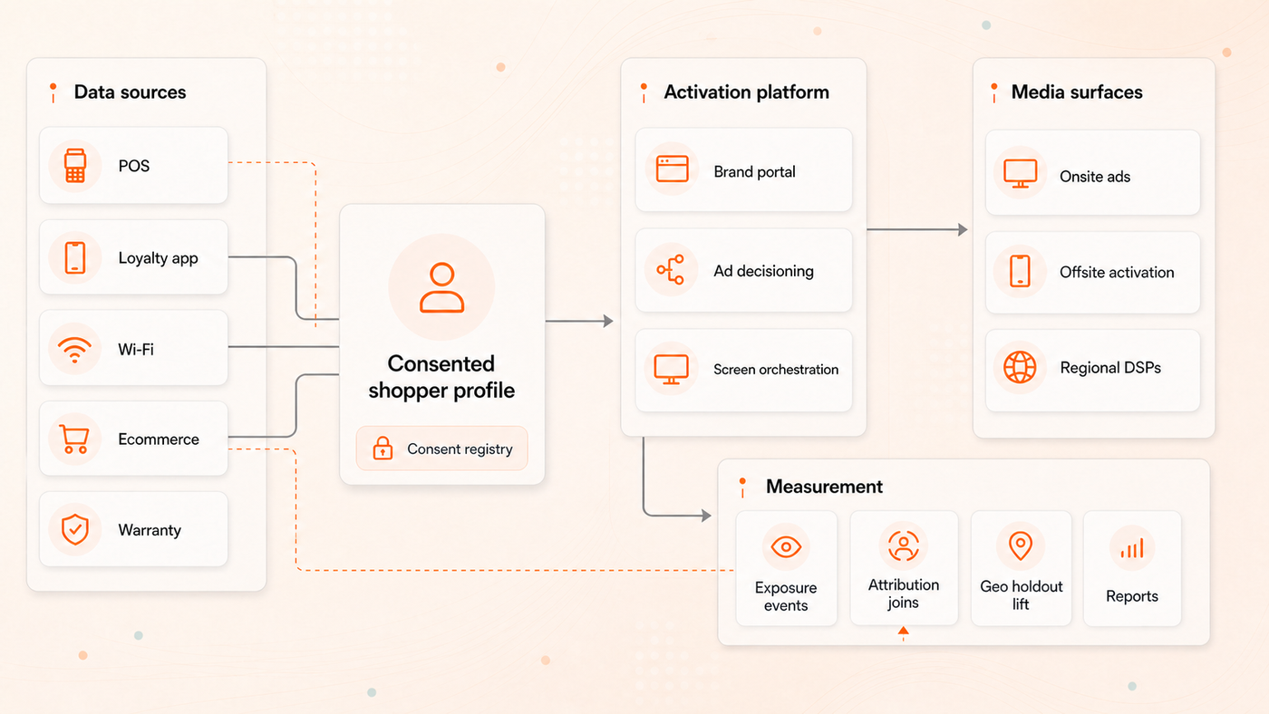 Retail media network system architecture showing data foundation, media orchestration and brand portal, measurement pipeline, and audience extension surfaces