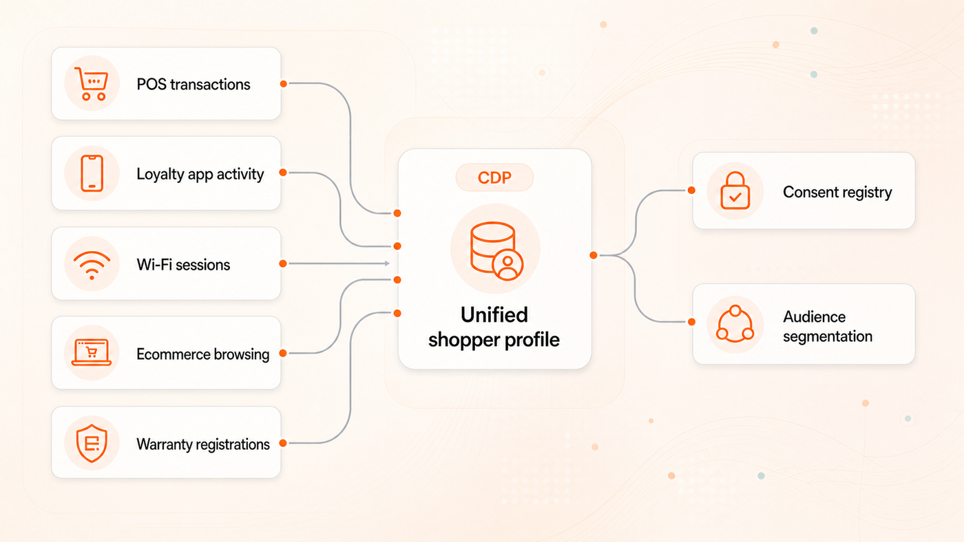 Data unification mindmap showing five identity streams converging into a unified shopper profile through the customer data platform