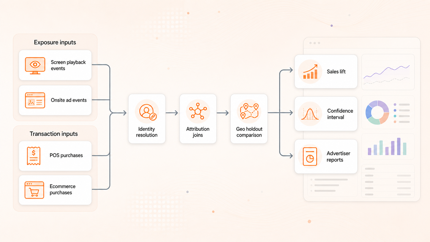 Attribution pipeline flow showing exposure events joining transaction streams to produce campaign lift measurements through geo holdout comparison