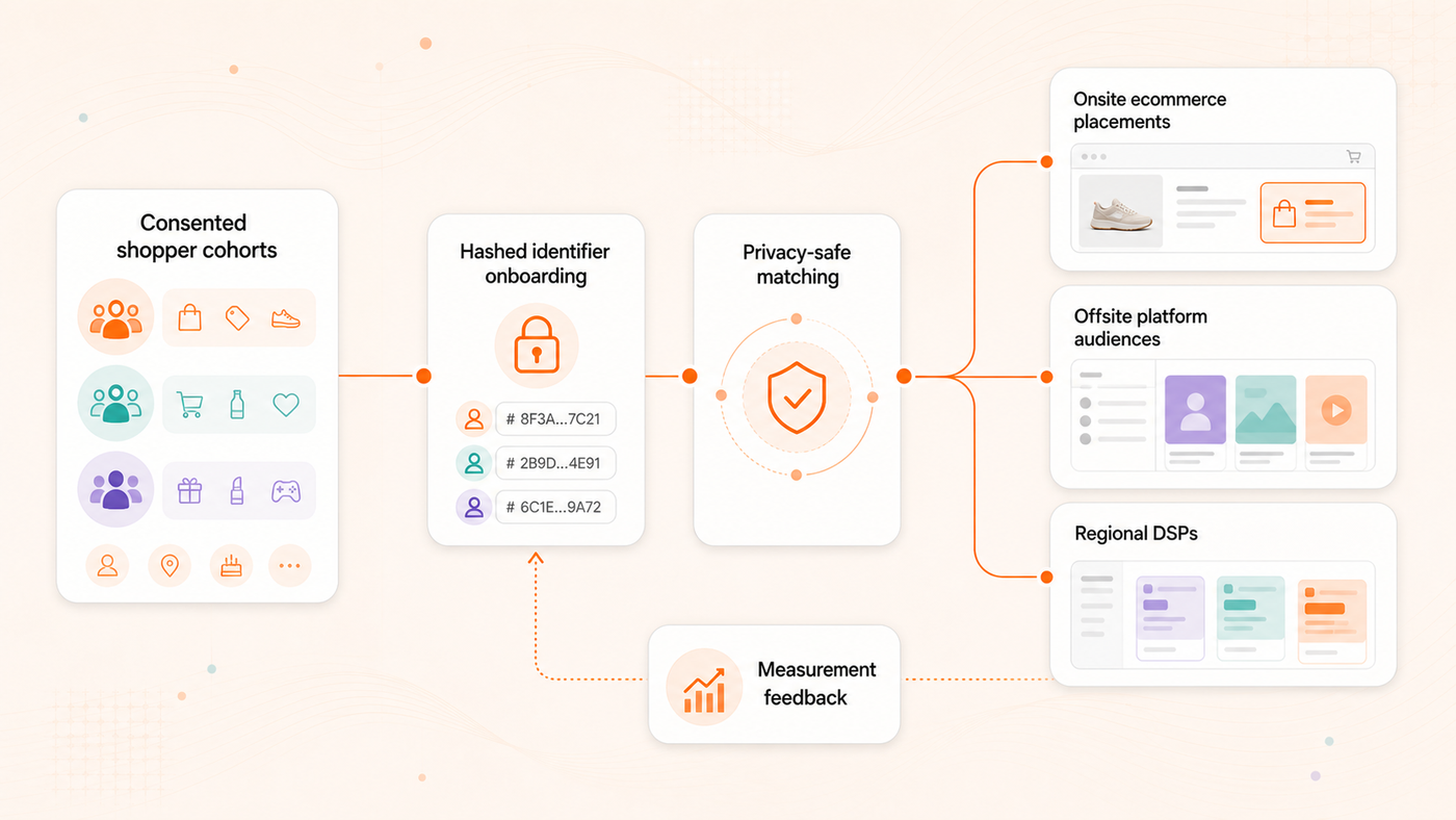 Onsite and offsite audience extension architecture showing hashed identifier onboarding to Meta and Google audience surfaces and DSP integrations