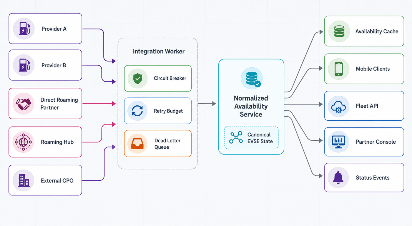 Integration boundaries diagram showing external charging providers isolated behind integration workers with retry budgets, circuit breakers, and dead letter queues