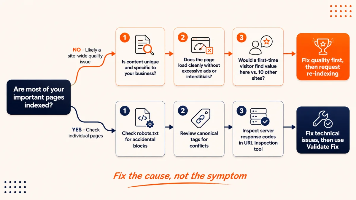 Diagnostic flowchart showing whether page indexing issues are caused by quality or technical problems
