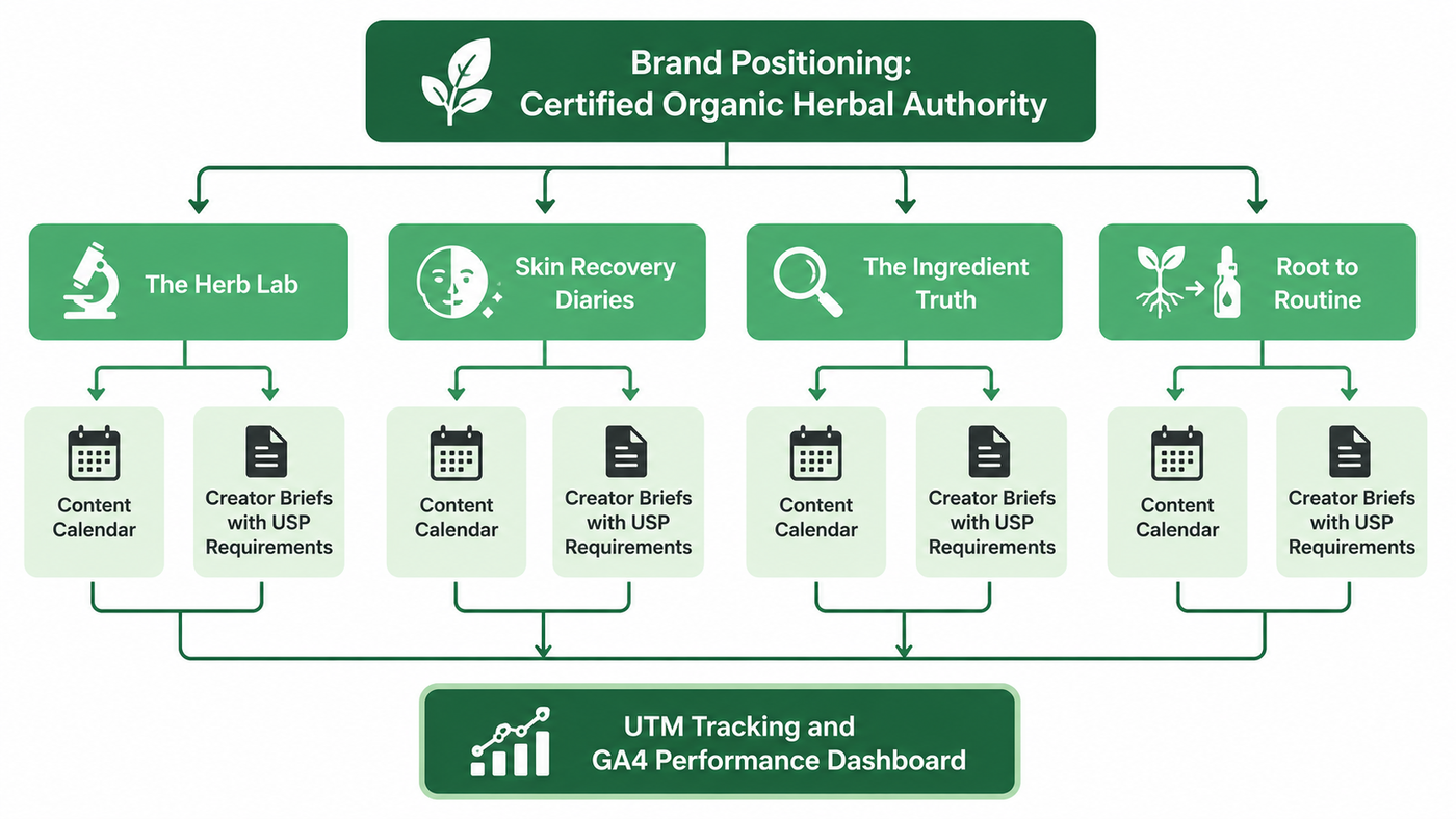 How brand positioning flows through four content pillars into the calendar, creator briefs, and tracking