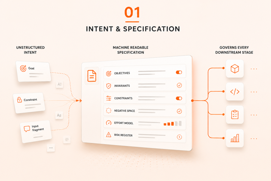 Flow diagram. Unstructured intent, shown as goal, constraint and input fragment notes, feeds into a machine readable specification panel listing objectives, invariants, constraints, negative space, effort model and risk register. The specification then governs every downstream stage.