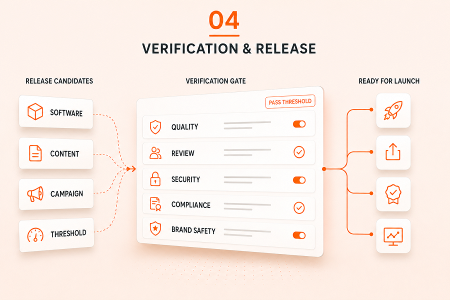 Flow diagram. Release candidates, shown as software, content, campaign and threshold, pass through a verification gate covering quality, review, security, compliance and brand safety. Only work that clears the pass threshold is ready for launch.