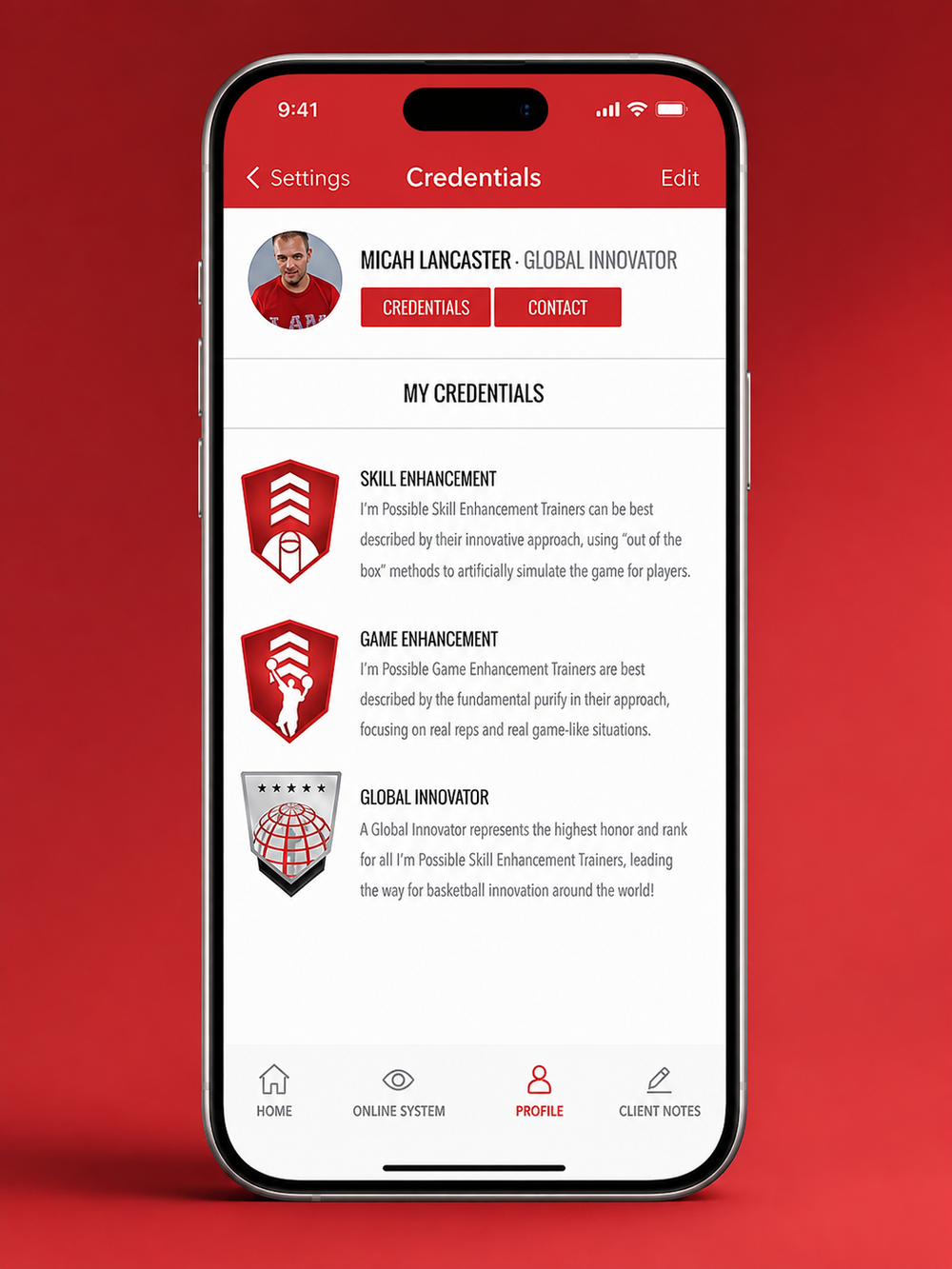 App Credentials screen with Skill Enhancement, Game Enhancement, and Global Innovator badges