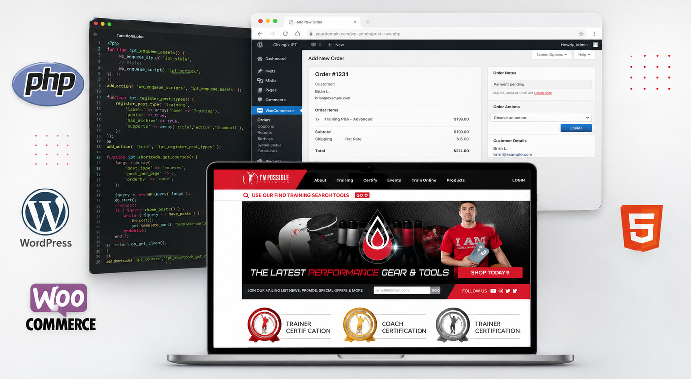 Web platform code, WooCommerce order administration, and live storefront