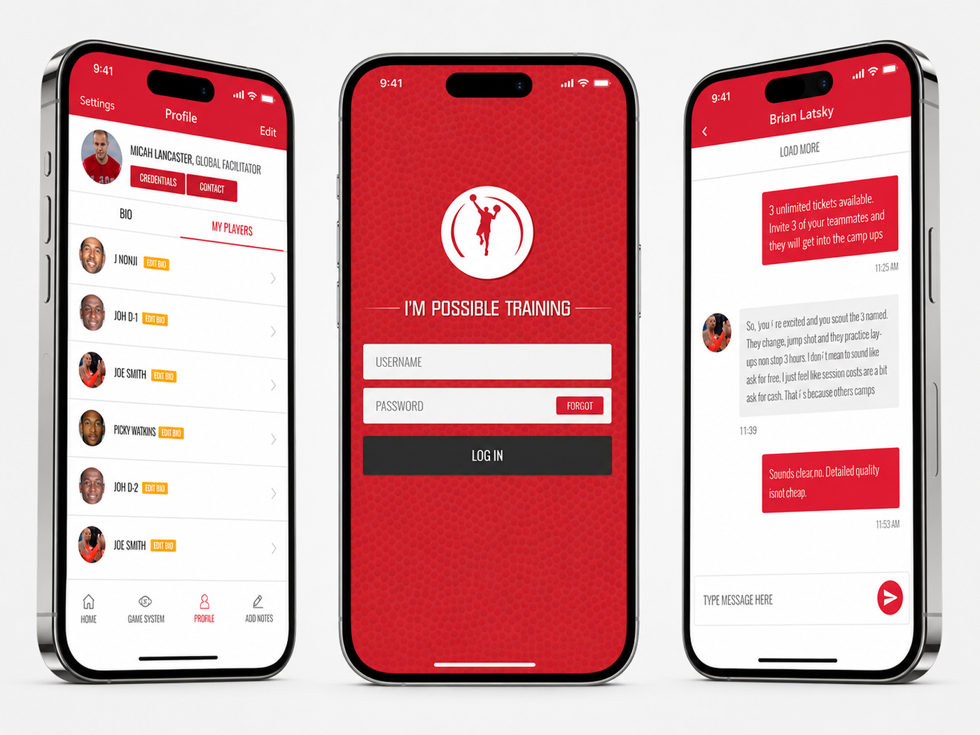 Three iOS screens showing Profile roster, Login, and messaging