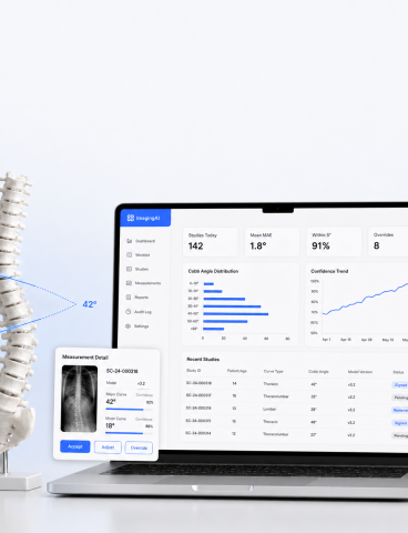 AI Cobb angle measurement dashboard for a medical imaging platform