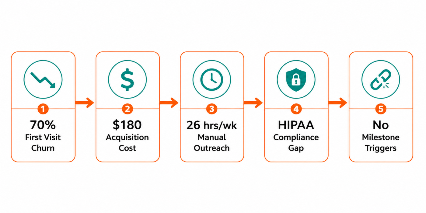 Infographic of five connected challenges causing patient churn