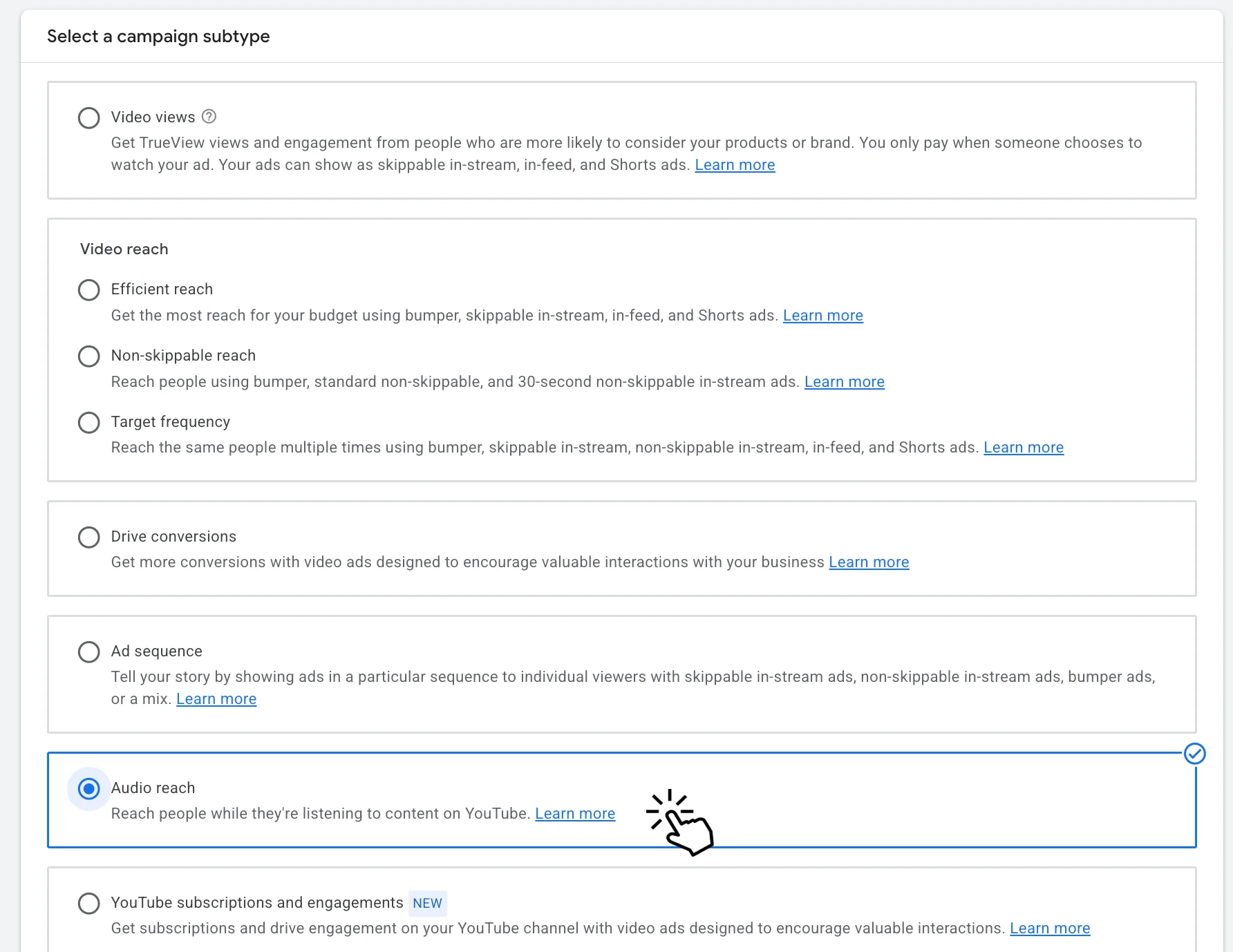 Selecting Audio reach subtype under Video campaign in Google Ads