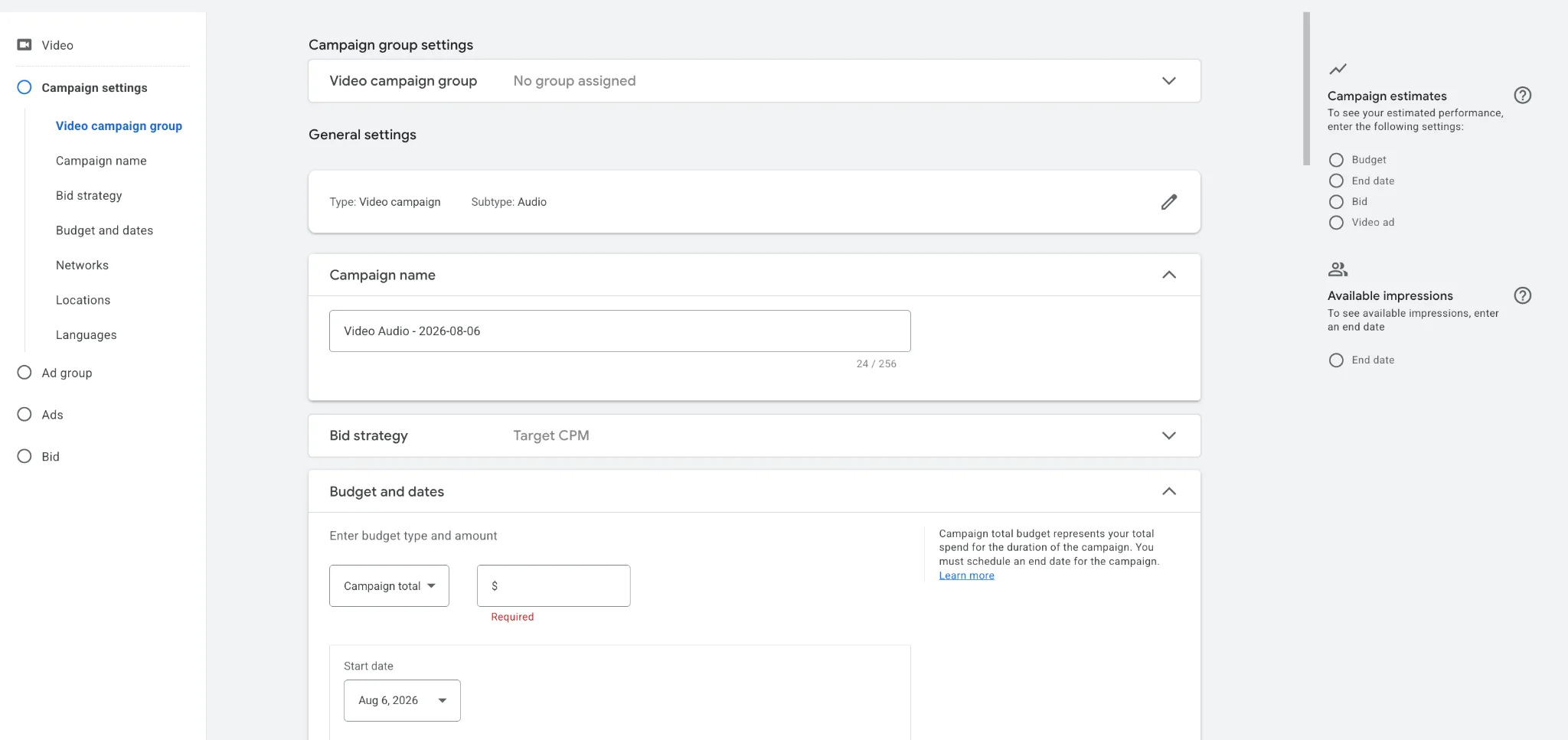 YouTube audio ad campaign settings screen showing budget, bid strategy, and location options