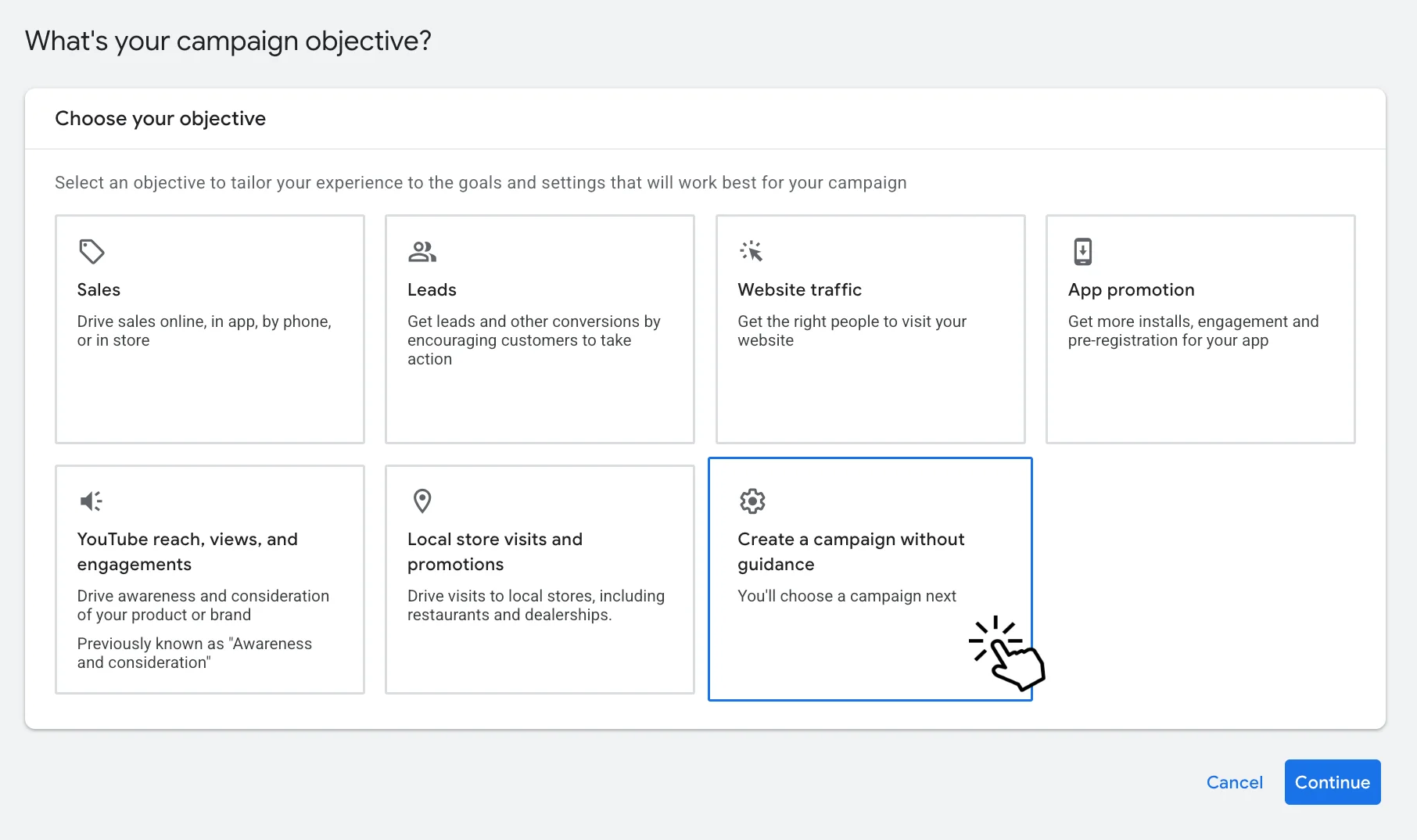 Selecting create a campaign without guidance option in Google Ads