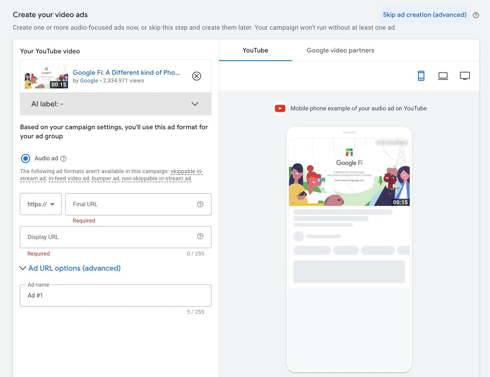 Adding YouTube video URL and setting Target CPM bid for audio ad in Google Ads