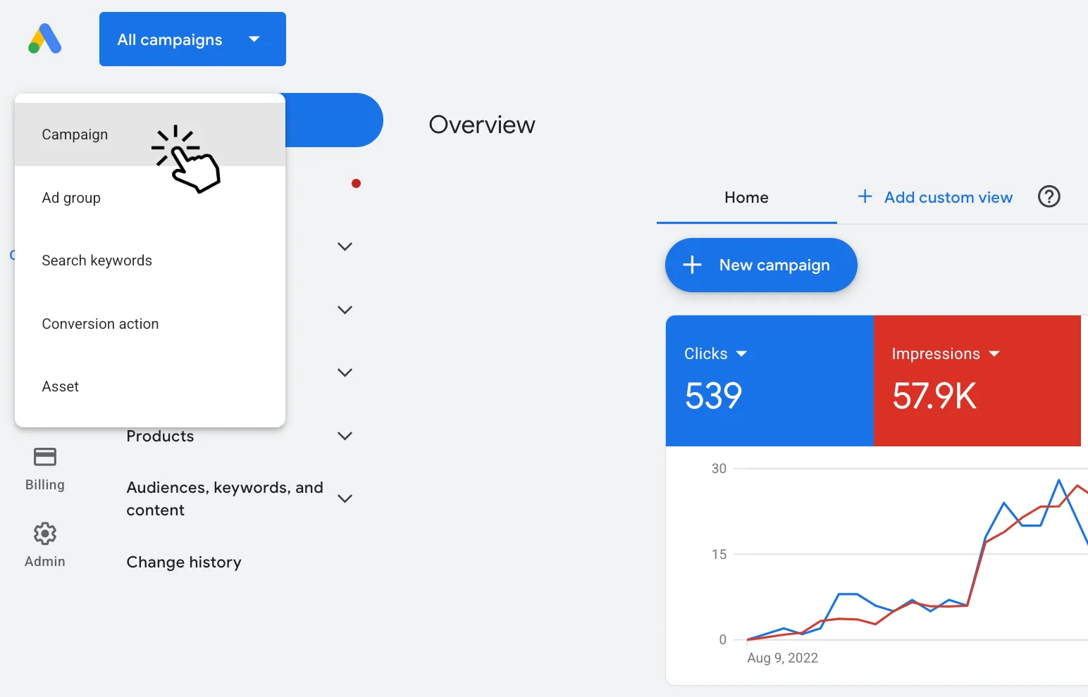 Google Ads new campaign screen showing all available campaign goal options