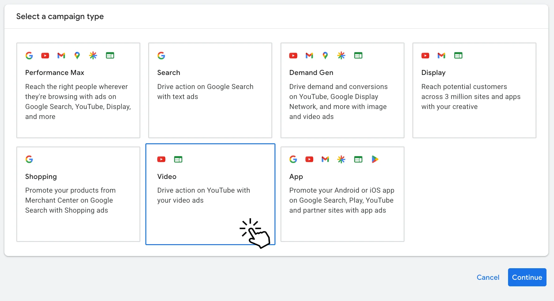 Choosing Video as the campaign type in Google Ads for audio ads