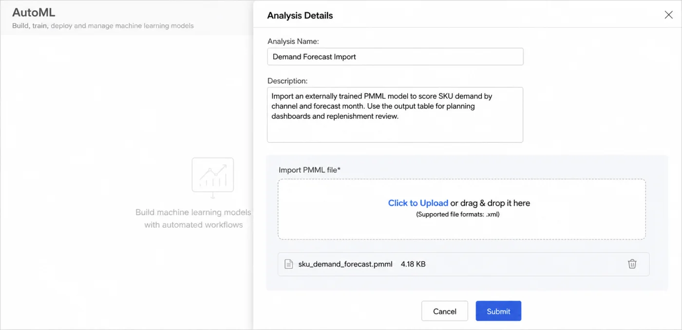PMML demand forecast import mockup