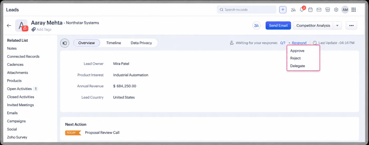 Zoho CRM record waiting for approval response with approve reject and delegate options