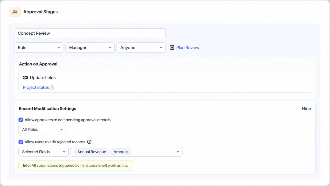 Zoho CRM approval stage configuration with record modification settings