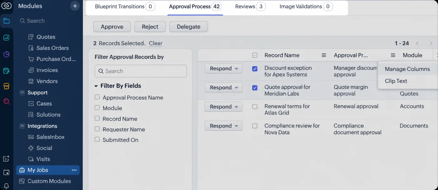 Zoho CRM My Jobs approval process tab with bulk approval actions and filters
