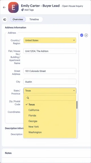 Zoho CRM address auto suggest offering matches as an agent types a property address