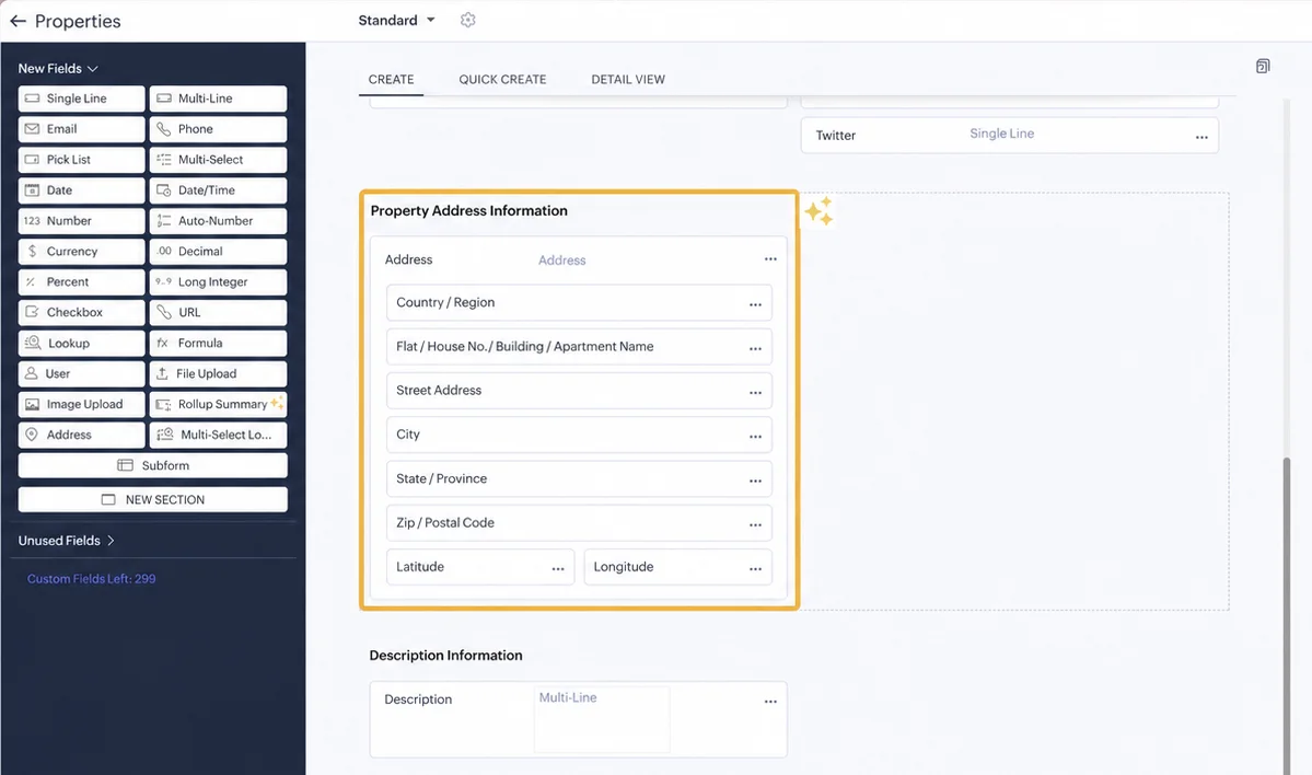 Zoho CRM structured address field broken into street, city, state, zip and country