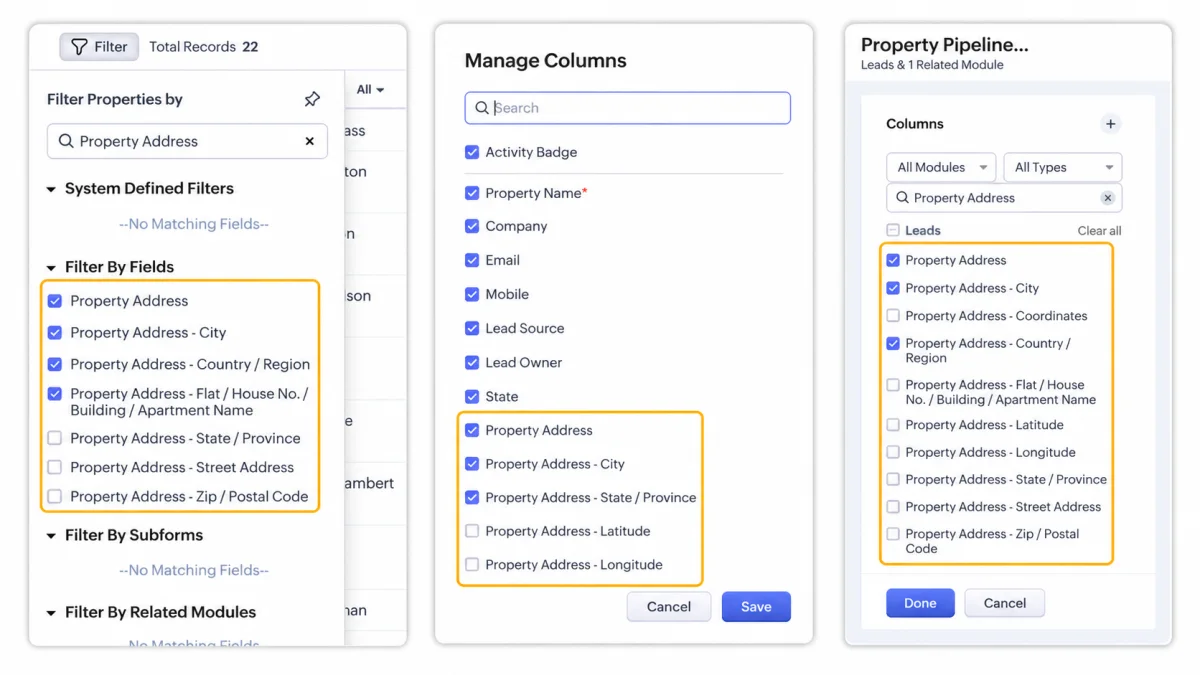 Zoho CRM address sub fields available as filter and workflow criteria
