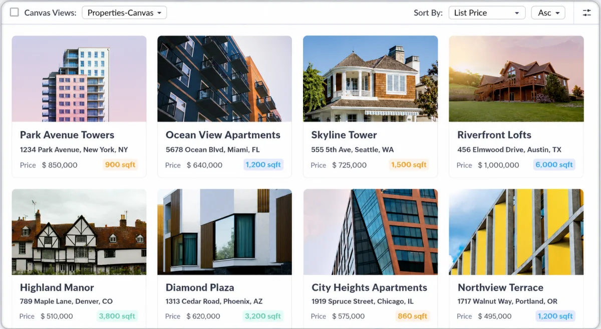 Zoho CRM Canvas view rendering property listings as visual cards